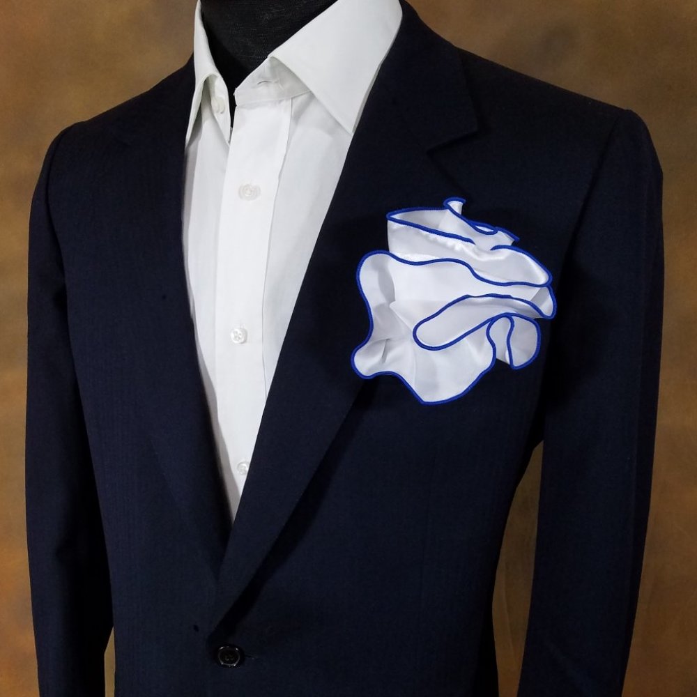 White Satin 2-in-1 Pouf Round Pocket Square with Royal Blue Trim